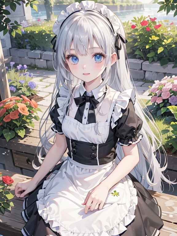 (8k, highest quality, Tabletop:1.2)、Ultra-high resolution, Detailed face, Perfect Fingers, ****************, blue eyes, Silver Hair, Long Hair, Black maid outfit, Black bonnet, White apron, Dreamscape, garden, flower bed, Pruning in progress