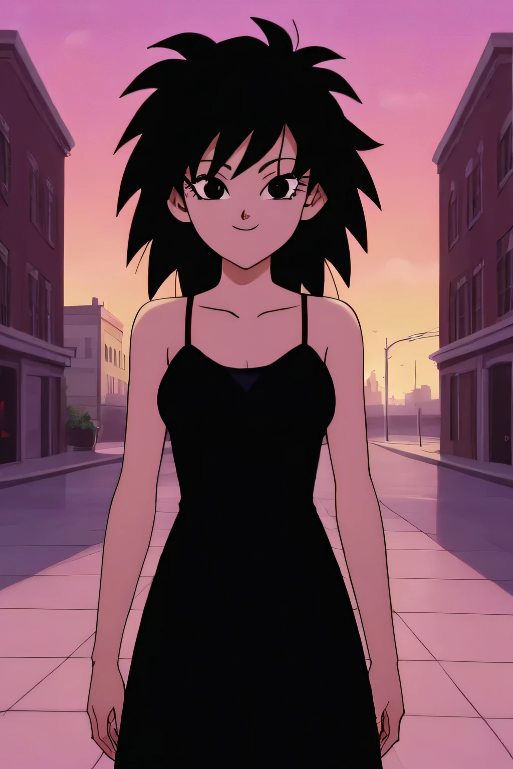 source_anime, score_9,score_8_up, score_7_up,  ginedb, anime screencap, 
1girl, solo, looking at viewer, smile, medium breasts, black hair, city, bare shoulders, medium breasts, smile, standing, cowboy shot, medium hair, black eyes, spiked hair, eyelashes, masterpiece, best quality, very aesthetic, absurdres, taut dress, spaghetti strap, black dress, sleeveless, sunrise, street, standing, cowboy shot,
 