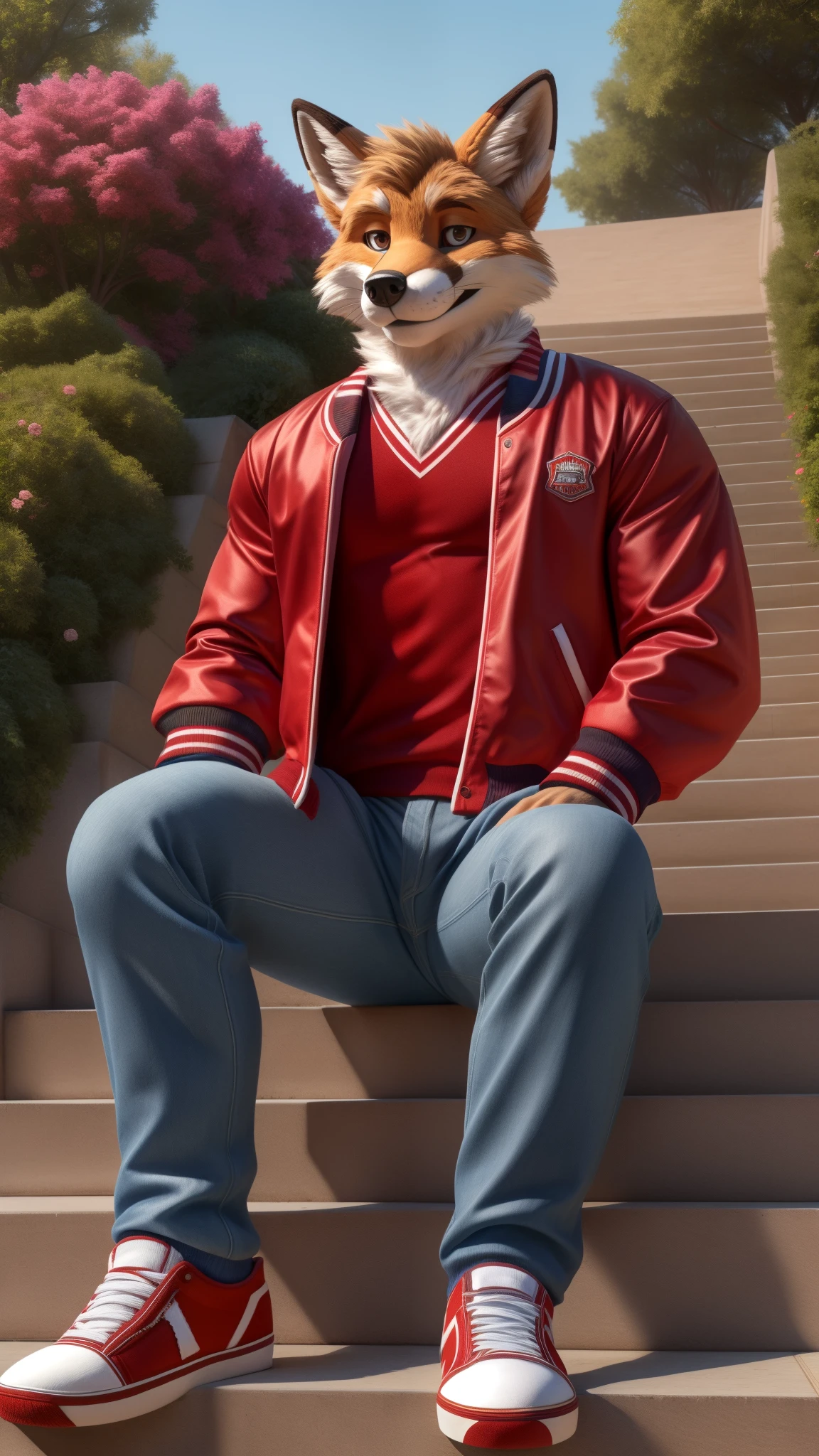 beautiful fursuit fox male muscular sexy mostly day, city parks with flowering shrubs, stone stairway, sitting on the steps, DrakeVon wearing shirt, (red letterman's jacket) with (white sleeves), (blue jeans), socks, sneakers, portrait pose, senior class portrait, (((full body portrait))), wide angle  