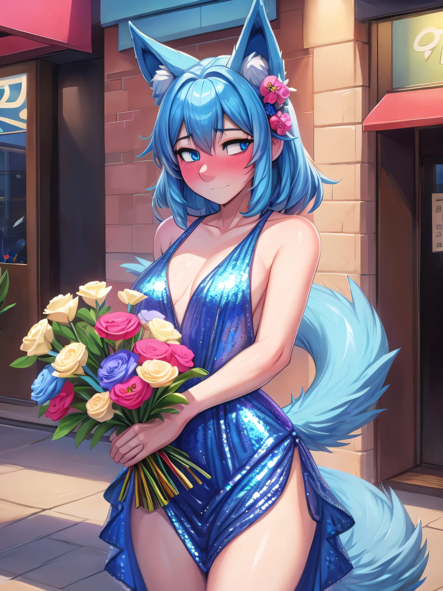 (Masterpiece) (High Detail) (High Res) A short slim humanoid girl with pale human skin and blue eyes and long blue hair and blue dog ears and a fluffy blue dog tail and medium breasts. She is stood outside a restaurant and is wearing a sequin covered dress. She is holding a bouquet of colourful flowers. She is shy. she is blushing.