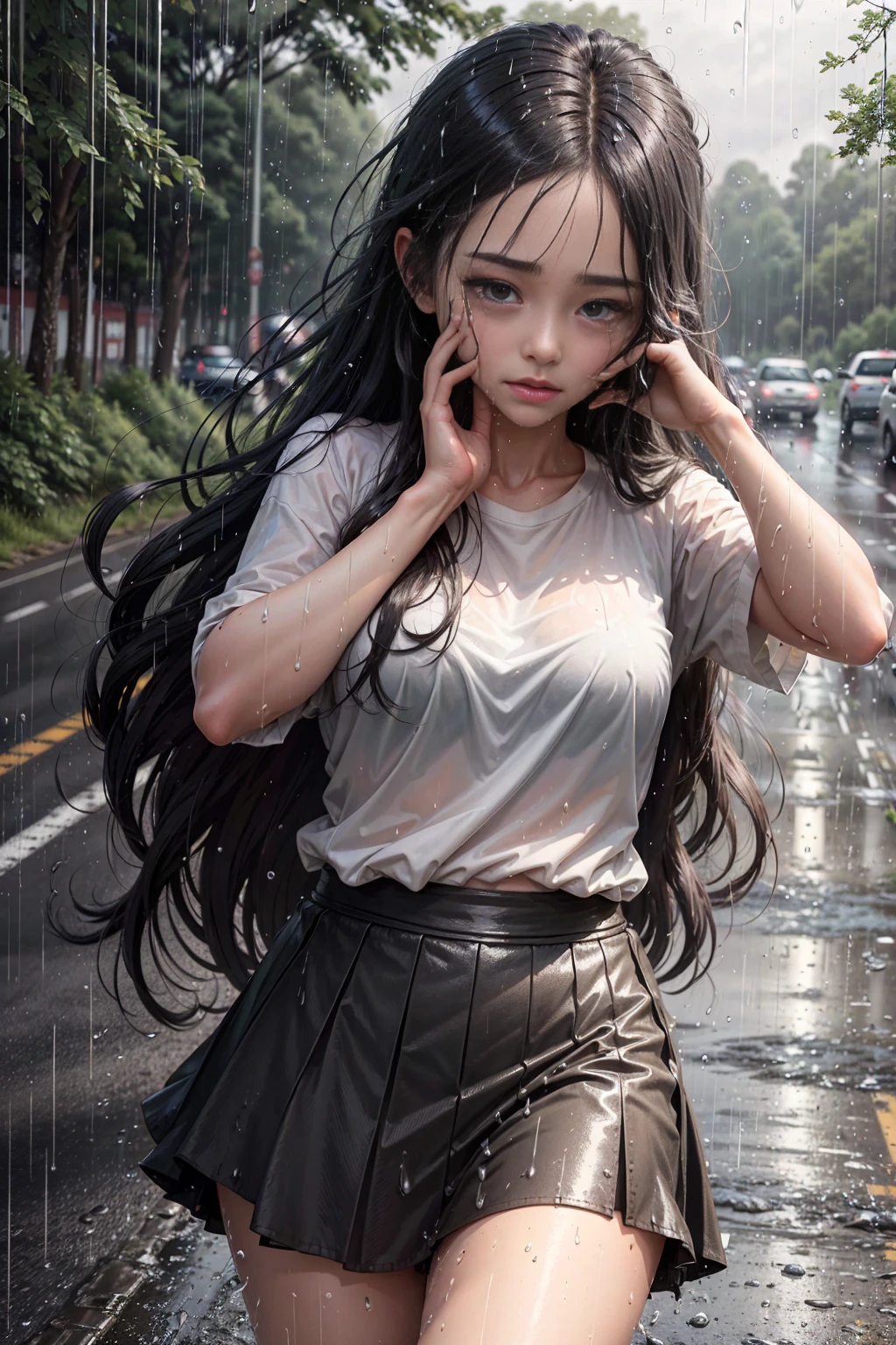 A beautiful girl is crying on a country road, rain, trees around road, Standing and wiping tears, Wet shirt, Use a Skirt, long hair, Black Hair, A bit thick