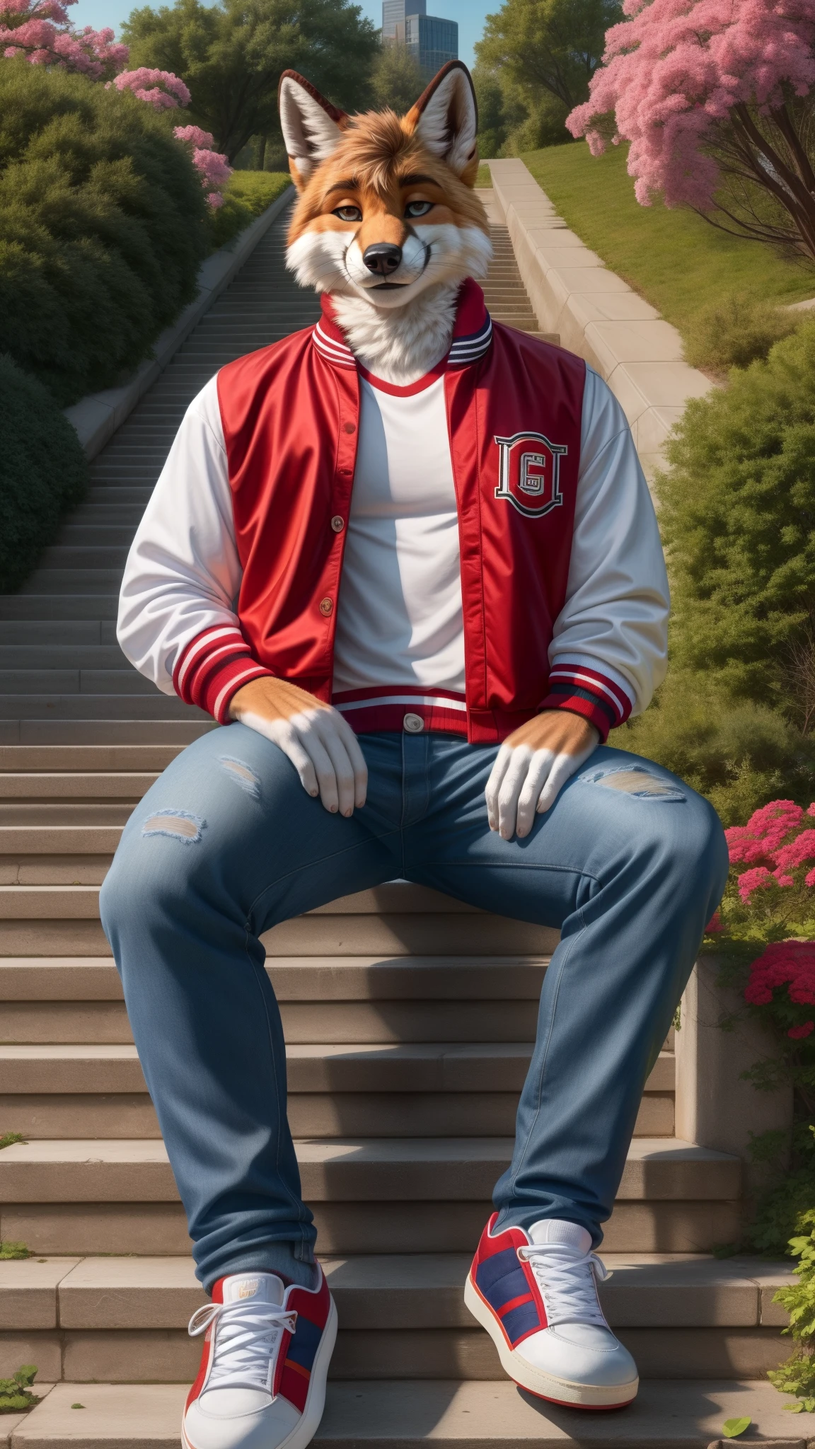 beautiful fursuit fox male muscular sexy mostly day, city parks with flowering shrubs, stone stairway, sitting on the steps, DrakeVon wearing shirt, (red letterman's jacket) with (white sleeves), (blue jeans), socks, sneakers, portrait pose, senior class portrait, (((full body portrait))), wide angle