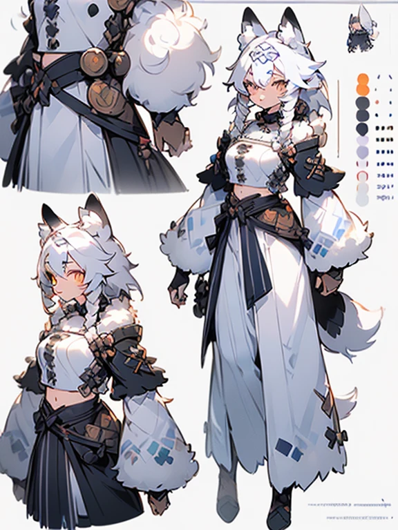 ( Absurdly , High quality , ultra detailed ) ,( hand detailed ) , 1girl, solo, mature, (concept art, character sheet), absurdres(highly detailed beautiful face and eyes)perfect anatomy Solo, sfw, Young Female white fox-cat (((lean-body))) (((medium breasts))) (short snout),(((fur (black stripe) between neck and shoulder towards chest))) ((fur (black stripes) on waist))(ears are darker), (heterochromia (orange, violet)), (cat tail (black at end)), (white hair (single-braided)), (fantasy adventure type clothing ((violet shirt (crop top))), (navy-blue belt) khaki pants)), happy ((looking at viewer)) ((Female wolf)) (detailed eyes) (clevedge, (collarbone, shoulders), (solo, (1girl)) ((((fluffy white fur)))) ((extremely detailed fur)) (violet crop top) ((hair in face)) (big braid), sfw, (thin long tail) (heterochromia) (extremely detailed eyes) joyful (((concept art, character sheet, (multiple views)))) ((adventure fantasy, snow tribal clothing)) (snow tribe clothing)