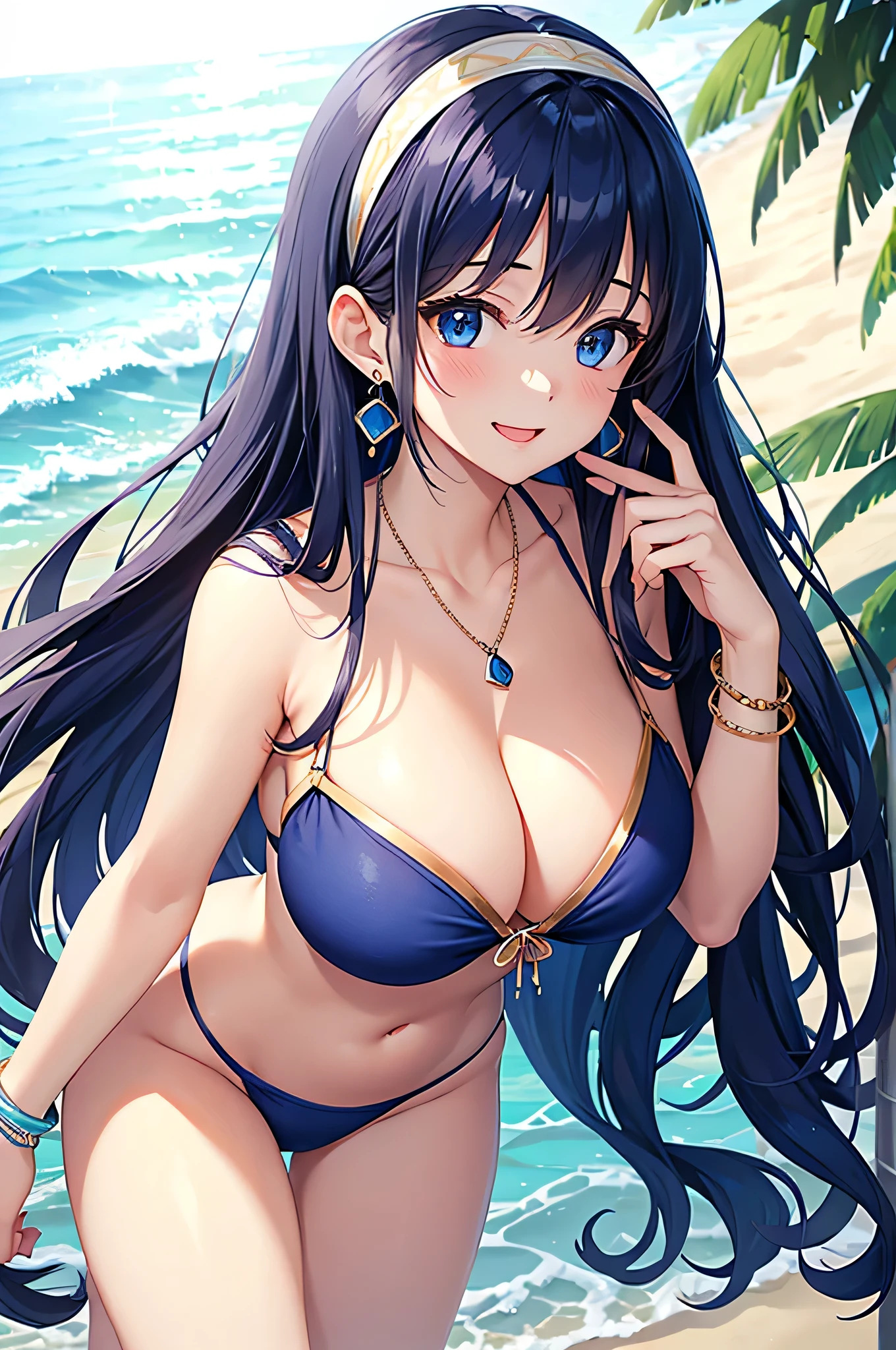 highest quality、Best image quality、masterpiece、beautiful girl、Navy blue long hair、blue eyes、Navy Blue Bikini、Big cleavage、(Big Breasts)、smile、blue necklace、Blue Earrings、background(Beach)、Sexy pose、Please open your mouth wide、White headband、Dynamic Angle、bracelet