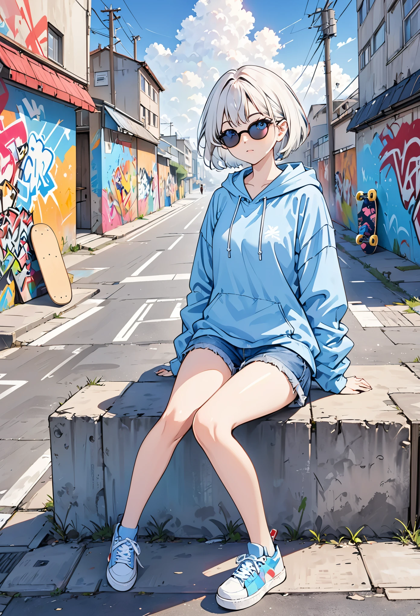 HD,8K,1 girl,short hair,sit,1 pair of sunglasses,hoodie,colored hoodie,Denim shorts,sports shoes,skateboard,people oriented,outdoor,Blue sky,White Cloud,Graffiti, flat,Solitary,white hair,