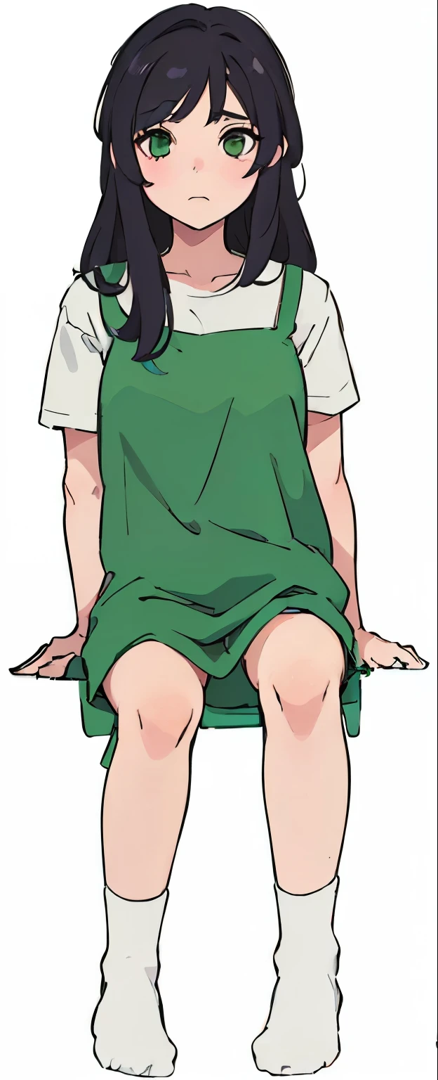 Anime girl sitting in chair，There is a cat on his lap, Anime girl squatting, Legs visible, Short full-body portrait!, Produced in collaboration with Anime Painter Studio,  Wear clothes, Knees cave in, Cross your legs, Green Legs, [ The art of math ]!!, Sit on your knees, Sitting, Anime style, Anime cute art style