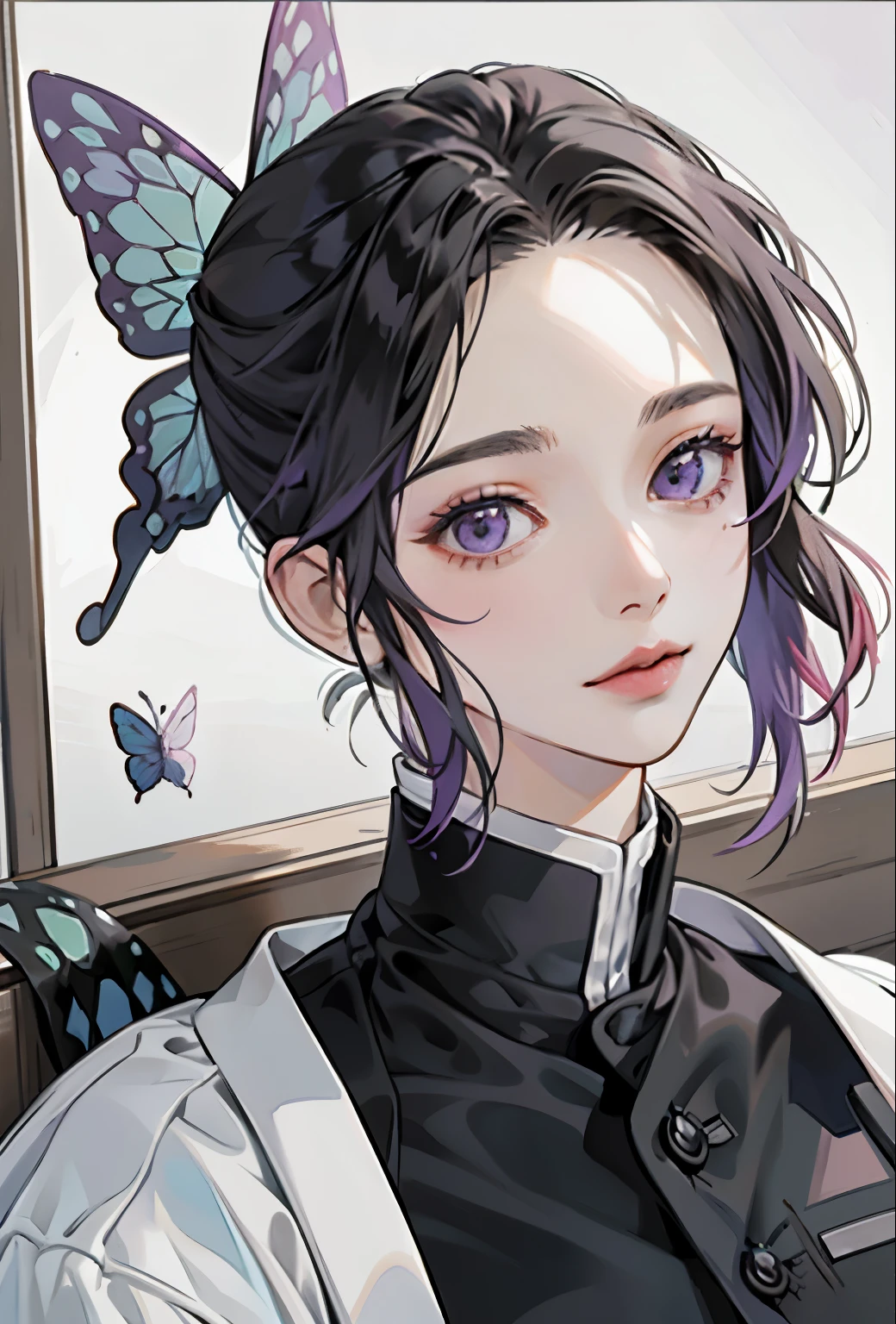 Realistic, High resolution, Soft Light,1 Female, alone, Hip Up, (Detailed face), we \(one piece\), tattoo, jewelry,kochou shinobu,Multicolored Hair,No bangs,Hair Intake,Purple eyes,amount,Black Shirt,Black trousers,Haori,butterfly,button,belt, knife