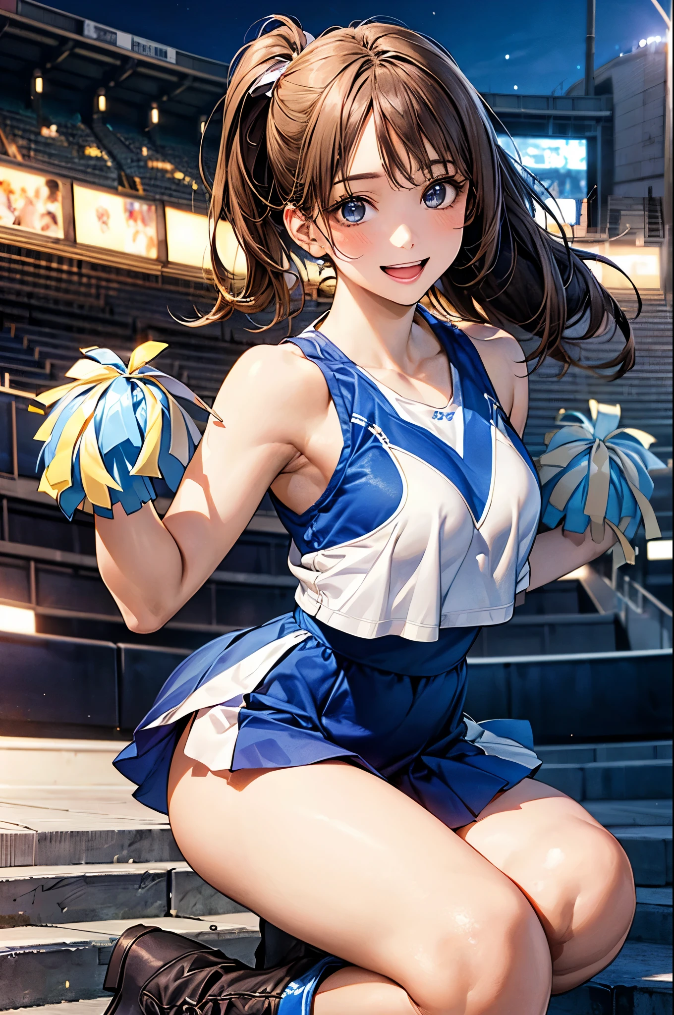 Armpit Show,(masterpiece:1.2, highest quality), (Realistic, photoRealistic:1.4), Beautiful illustrations, (Natural Side Lighting, Cinema Lighting), Depth of written boundary, Backlight, 
View Viewer, 1 girl, Japanese, high school girl, 17 years old, Perfect Face, Cute and symmetrical face, Shiny skin, 
(Mid-length hair, Side Ponytail, Light brown hair), Asymmetrical bangs, blue eyes, Long Eyelashes, (Medium chest), Cute round face, Beautiful Makeup, 
Beautiful Hair, Beautiful Face, Beautiful fine details, Beautiful clavicle, Beautiful body, Beautiful breasts, Beautiful thighs, Beautiful feet, Beautiful fingers, 
((Sleeveless light blue cheerleader:1.2), boots), 
(Beautiful views), evening, (Stadium Background:1.2), very cute, Raise your arms, Underarm, (Cute smile, Open your mouth), 