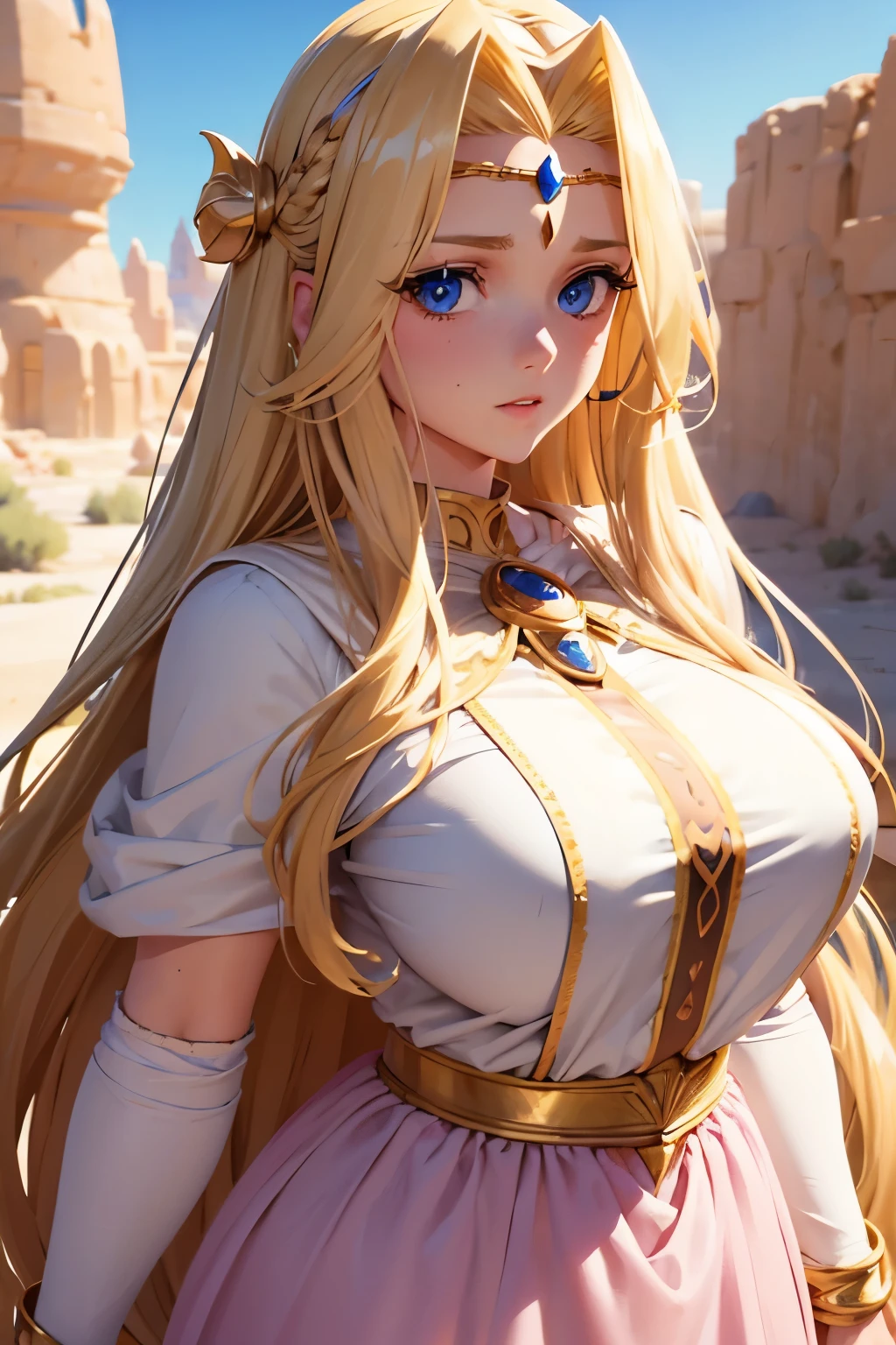 (desert landscape), (finely detailed eyes and detailed face:1.3), (extremely fine and beautiful:1.1), (Perfect details:1.1), ((gros seins)), ((buste du personnage)), Filia, Slayers, long hair, blonde hair, pink dress, jewelry, white cape, blue eyes, brooch, gold circlet