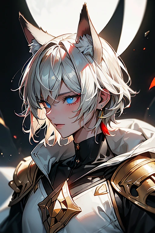 (Absurd, High resolution, Very detailed), masterpiece, highest quality, Light and shadow, ,Wolf ears male,Short Cropped Hair,Short bangs,Detailed face,Black Shirt,No hood,Thin chest,male,clear, Big eyes, Anime characters,Anthropomorphic white wolf,good looking,Young people, young,good looking,   ((Heterochromia iridis, left eye:Clear, shiny gold, right eye:Blood orange red,right eye dazzling,),Mysteriously shining eyes, Fantasy,Mysterious , Great background,Octane Rendering, Beautiful Features, Beautiful and detailed,  Detailed face, Perfect skin texture, Extremely detailed, Whole-body vision,,  Professional Lighting, profile,Shot with a Hasselblad X1D-50, Written boundary depth, Perfect all-round lighting, (highest quality), (masterpiece), (Very detailed),Far from the Lord,Wolf ears don&#39;t extend beyond the screen,The whole body fits on the screen,Upper body only,smile,Don&#39;t stare at the audience,Don&#39;t show close-ups of your face,Sweep the side hair back,