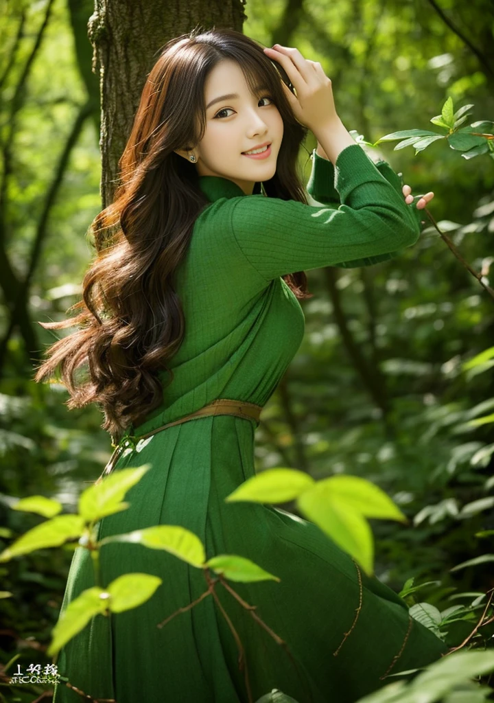 masterpiece,sit、 highest quality, 1 Dryad、Turn your back、The body is slim、、exceptionally detailed anatomy, Leaf clothes、Leaves of the head,,,,,,、smile、Lovely, Emotional, Charm, Fascinating、Giant Tree々、Branch Corridor、world Tree、Fantasy、The body is slim、、(((Fine and beautiful face)))、Beautiful Eyes、、Tree Spirit、Deep in the forest、nymphis 、Saiei、Dynamic Angle