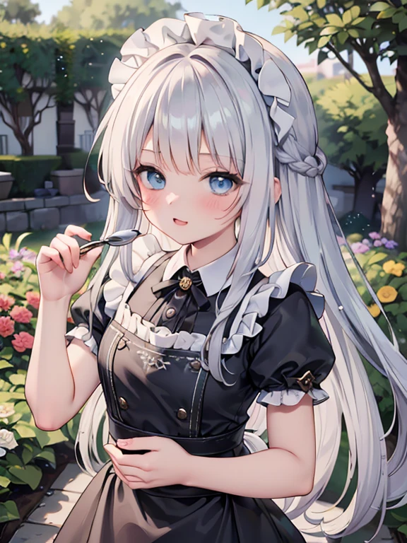 (8k, highest quality, Tabletop:1.2)、Ultra-high resolution, Detailed face, Perfect Fingers, 14-year-old girl, blue eyes, Silver Hair, Long Hair, Braid, Black maid outfit, Black bonnet, White apron, Dreamscape, garden, flower bed, Pruning in progress