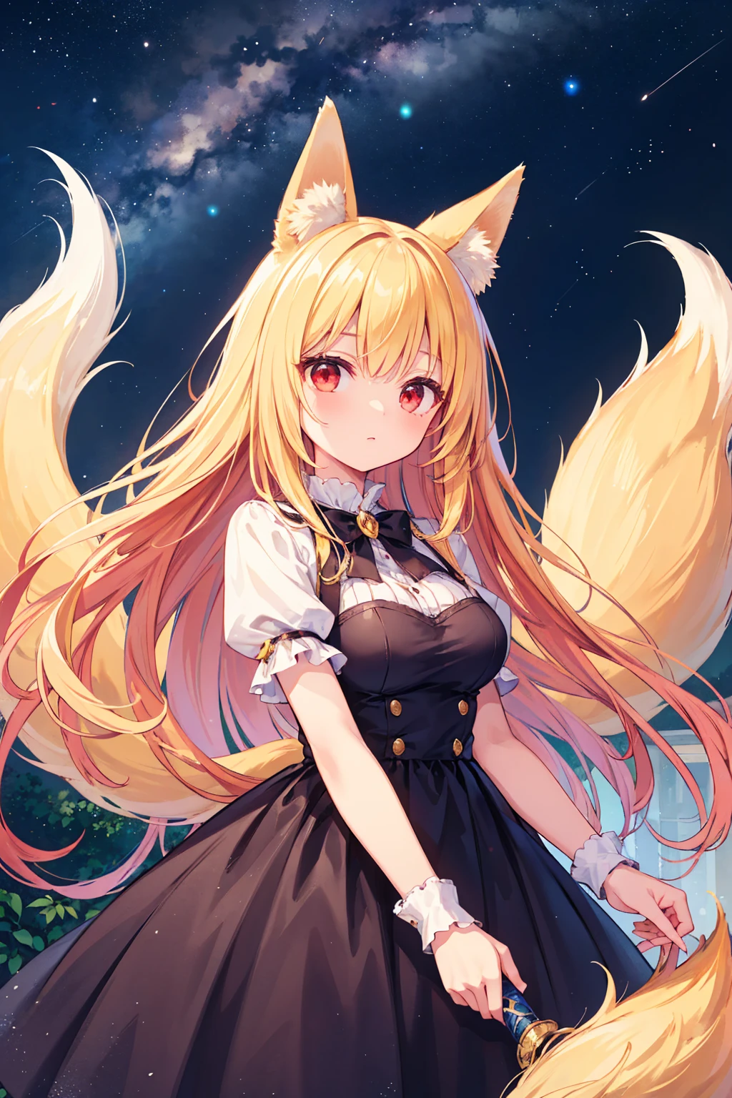 (masterpiece)、(highest quality)、((Very detailed))、(Very delicate)、cute、Blonde、Beautiful breasts、Nice、Fantastic forest and starry sky、Female Knight Costume、Looking up from below、Golden fox tail、Golden fox ears、Red eyes、one person、Long Hair、Knight's Sword、whole body
