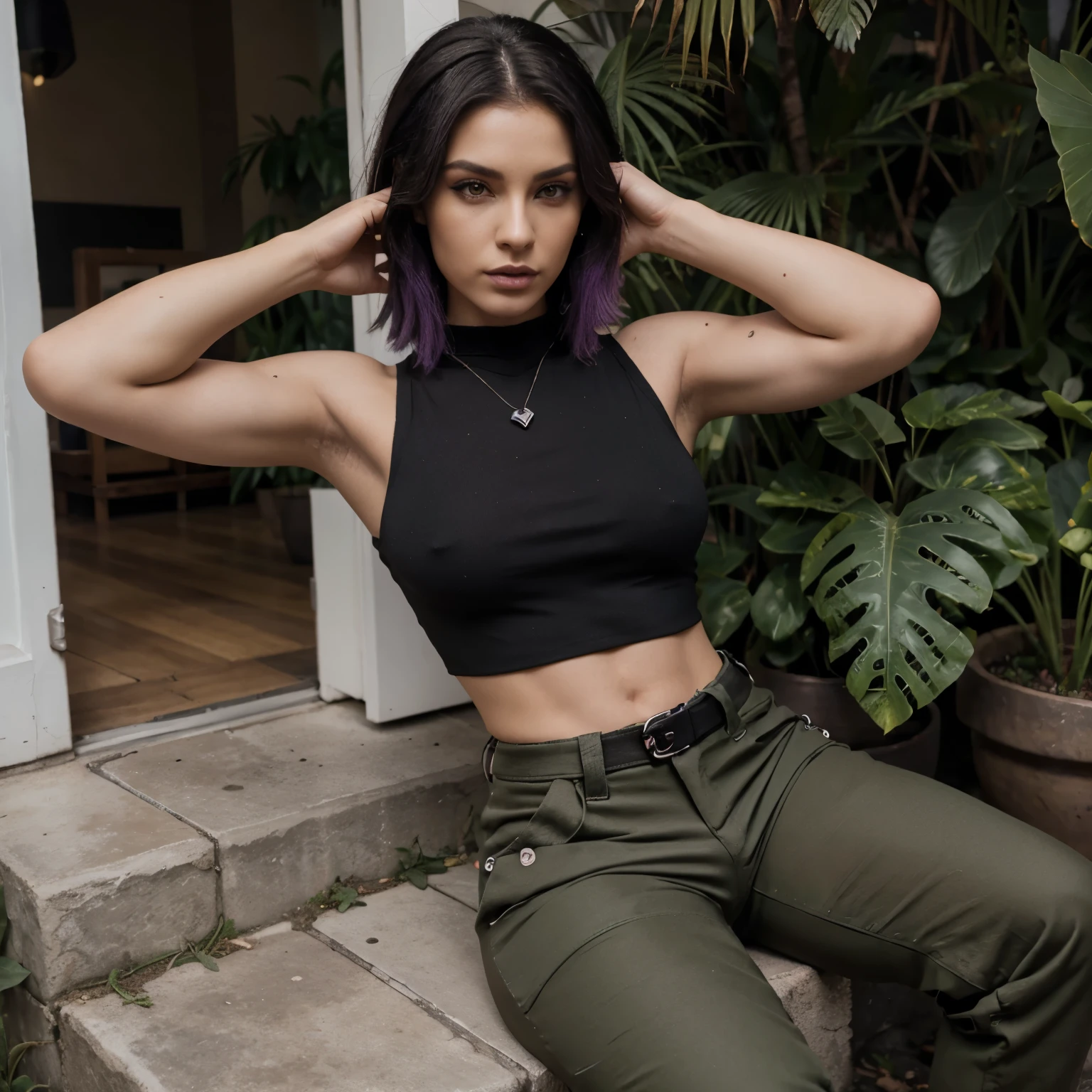 androgynous face, cabelos estilo wolf cut, olhos pretos, nariz levemente aqueliano, septum piercing and vertical labret on cupid-shaped lips, robust body dressed in a black crop top and moss green cargo pants, long black combat boots and black and purple daggers in hands, accessories like: brincos, colares, pulseiras e um pouco de sangue na roupa