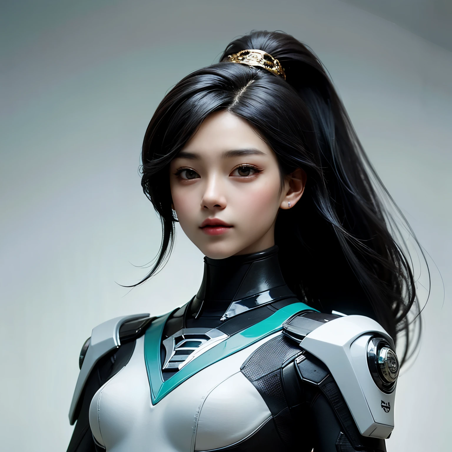 ((best quality)), ((masterpiece)), (detailed), perfect face. Black hair. Ulzzang. Asian girl. Black eyes. Mecha. 