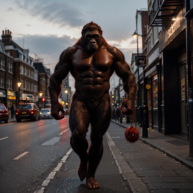 Gorilla with red fur, long claws, fangs, red eyes, red liquid on the claws, under the full moon, walking on the streets of London.
