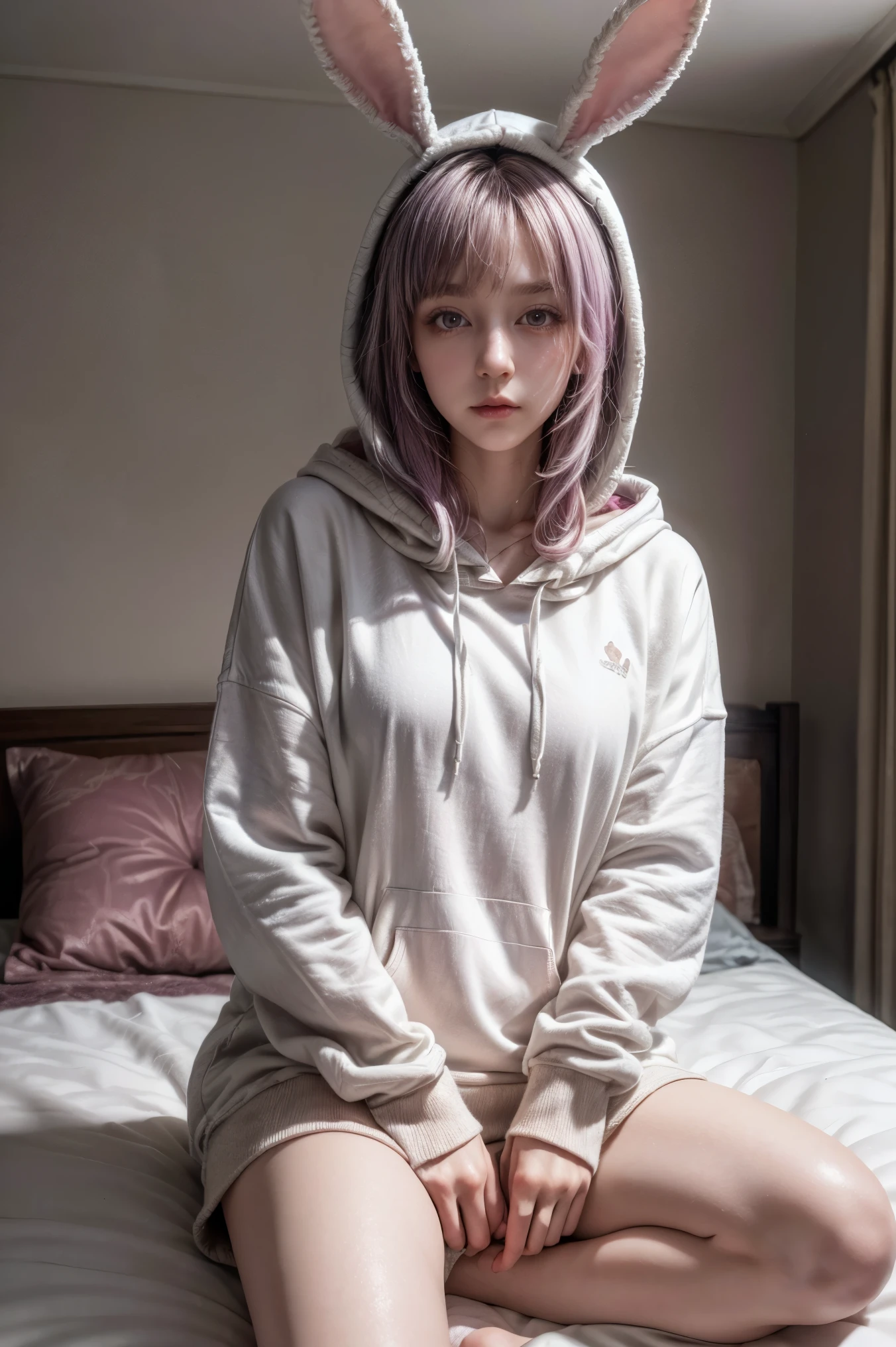 Realistic,highest quality, Ultra Detail, High-quality CG rendering, The most delicate and beautiful, Floating softly, High resolution, (1 girl), (Highest quality,4K,8K,masterpiece:1.2), Light purple hair,Rabbit,Bunny ears,Long Hair,Red eyes,(White oversized hoodie:1.3),Inside the room,bed,(sitting on bed:1.4)