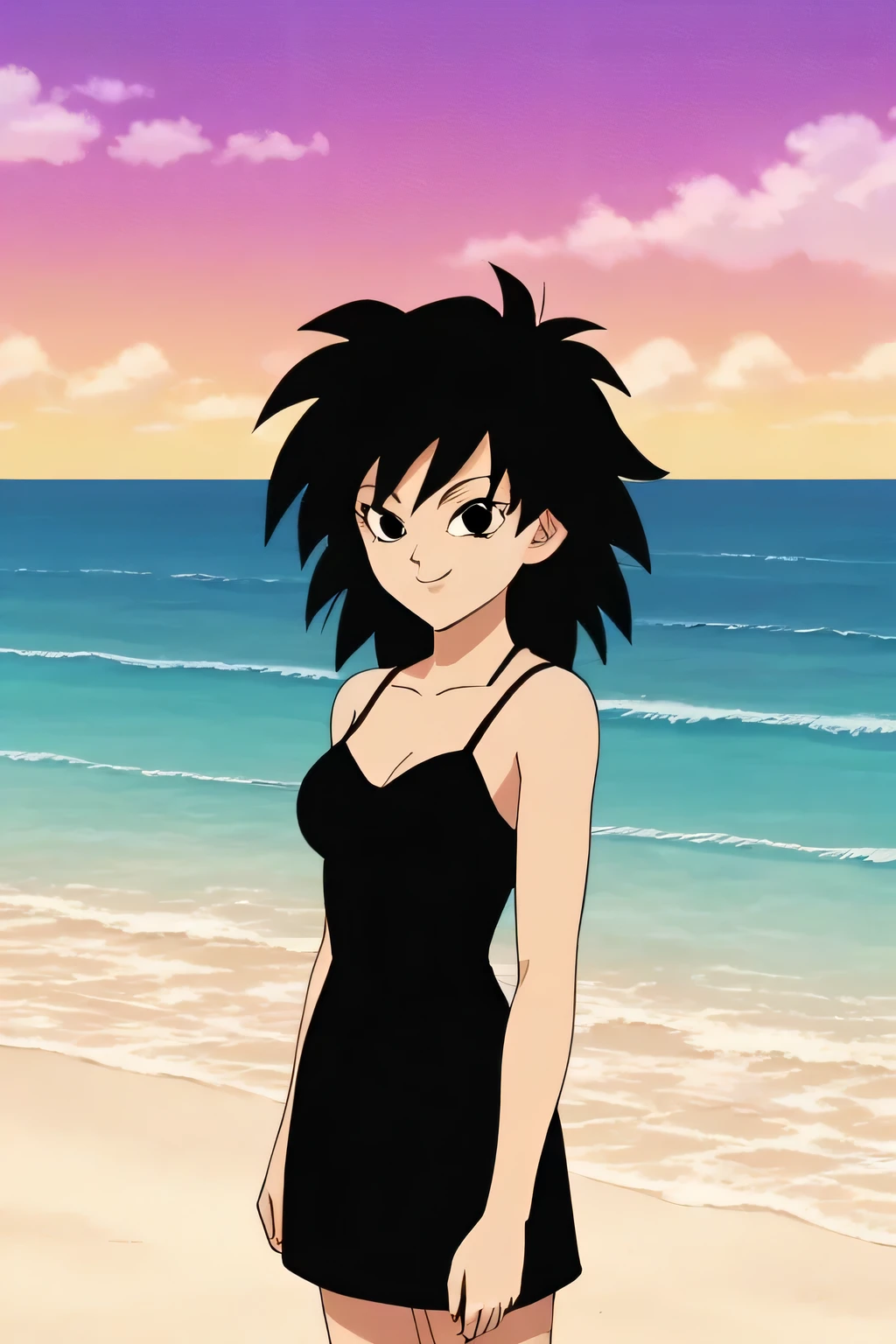 source_anime, score_9,score_8_up, score_7_up, ginedb, anime screencap, 1girl, solo, looking at viewer, smile, medium breasts, black hair, beach, ocean, bare shoulders, medium breasts, smile, standing, cowboy shot, medium hair, black eyes, spiked hair, eyelashes, masterpiece, best quality, very aesthetic, absurdres, taut dress, spaghetti strap, black dress, sleeveless, sunrise, street, standing, cowboy shot,