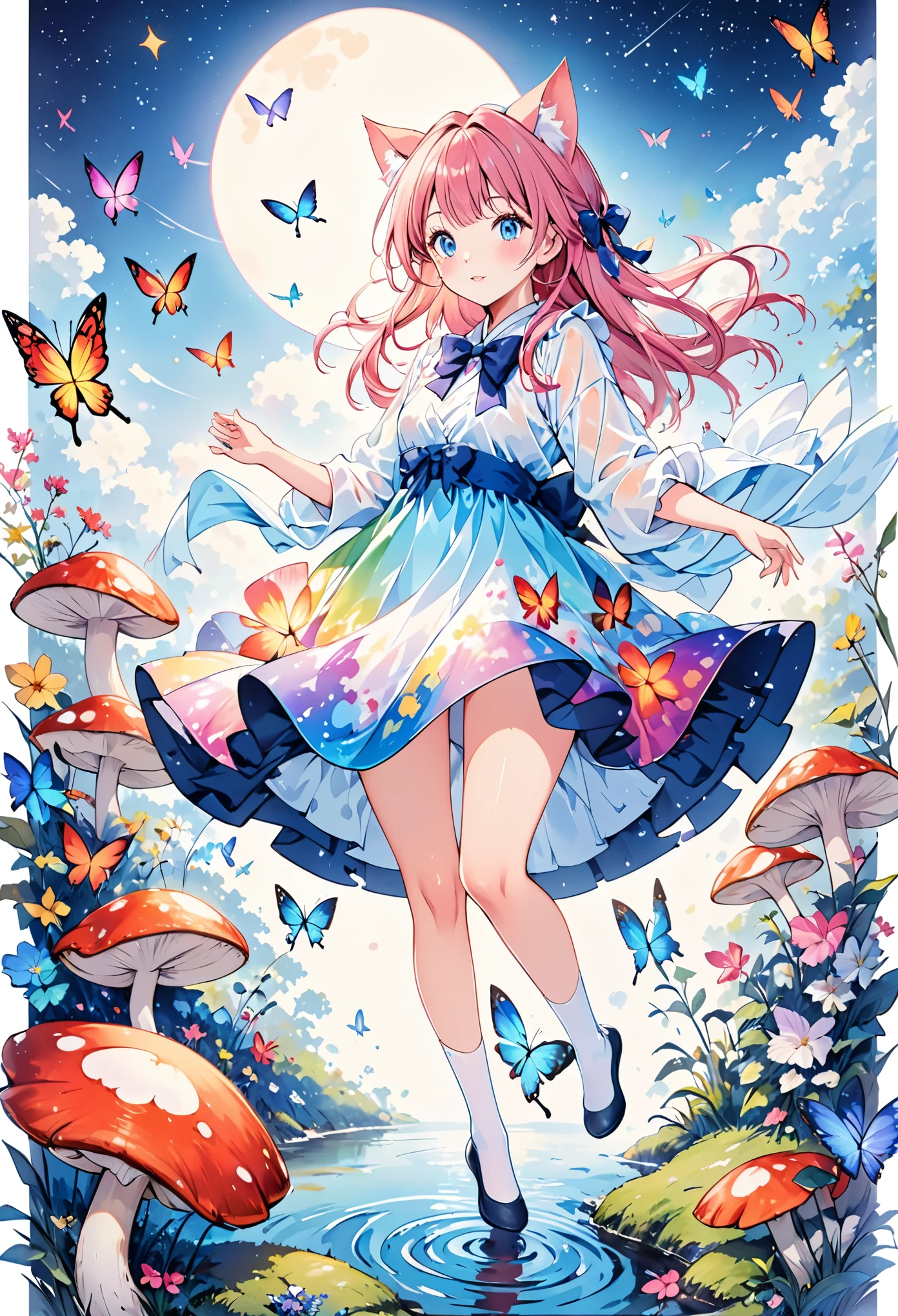 (Highest picture quality),(Master'******),(Detailed eye description),(8K wallpaper),(swirl:1.3),
beautiful girl,(cat ears:1.2),(pink hair),bowtie on neck,blunt bangs,blue eyes,
(1980s),(Detailed face description),
(white background:1.4),(mid shot:0.95),(full body:1.25),Dynamic angle,[Bottle bottom],(swirl:1.3),
surrounded by giant mushrooms and colorful butterflies.no shoes,(wet) clothes,(wet) thighhighs,she explores the strange and wondrous garden. (blush),the color of candyfloss,adorned with a pair of oversized bows.and a butterfly in the other hand. The atmosphere is whimsical and playful,it's clear that she is in her element and enjoying the moment of the fantastical garden.((Starry sky adorns beautiful detailed colorful ink splash dress)),(((colorful))),(multicolored:1.3),(blue),(purple),(yellow),(cyan),black,(green),(((colorful))),(swirl:1.3),