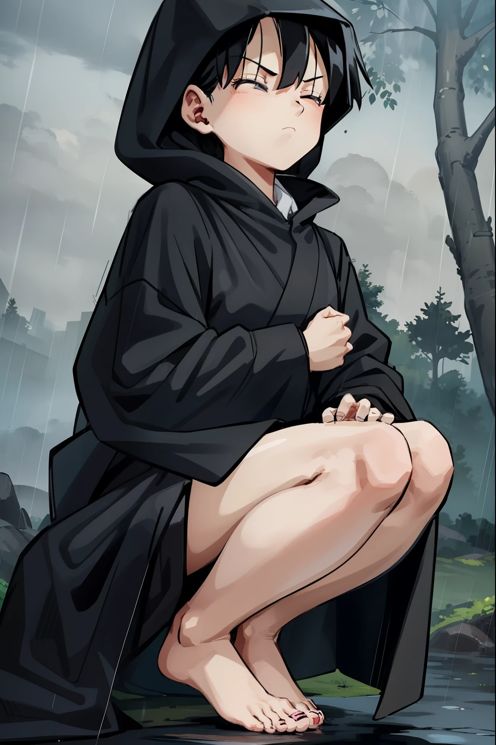 cloudy,rain,fog,forest,1 girl,Videl,Wearing a black hood,black long raincoat,Black Hair,Shortcuts,barefoot,Close ~ eyes,boyish,Gloomy face,