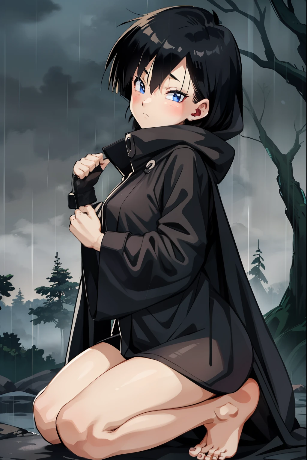 cloudy,rain,fog,forest,1 girl,Videl,Wearing a black hood,black long raincoat,Black Hair,Shortcuts,barefoot,Close ~ eyes,boyish,Gloomy face,