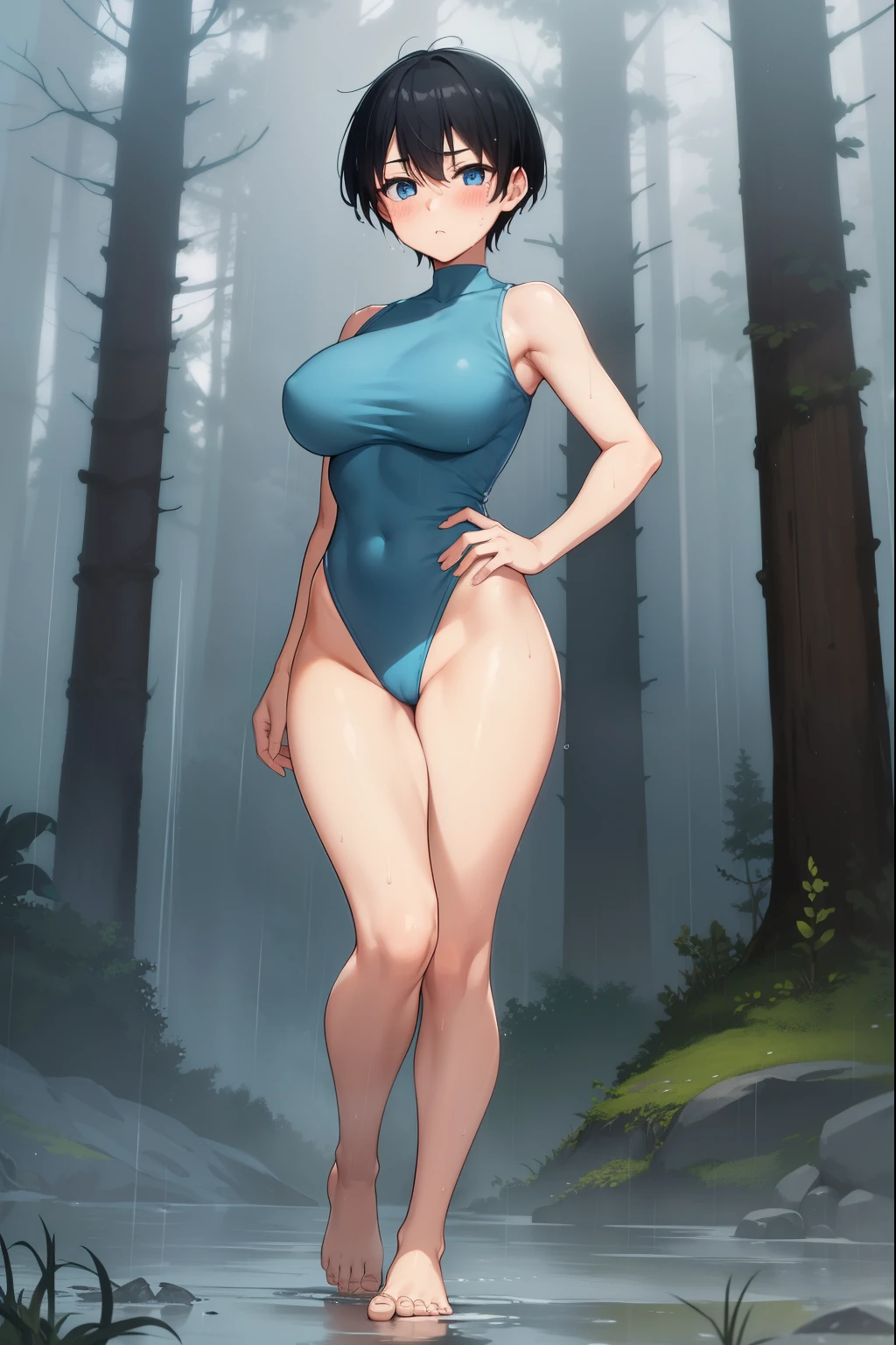 cloudy,rain,fog,forest,Place your hands on your hips,Standing,1 girl,Videl,Light blue leotard,Super High Leg Cut,Black Hair,short hair,Large Breasts,barefoot,blue eyes,boyish,blush,Wet,