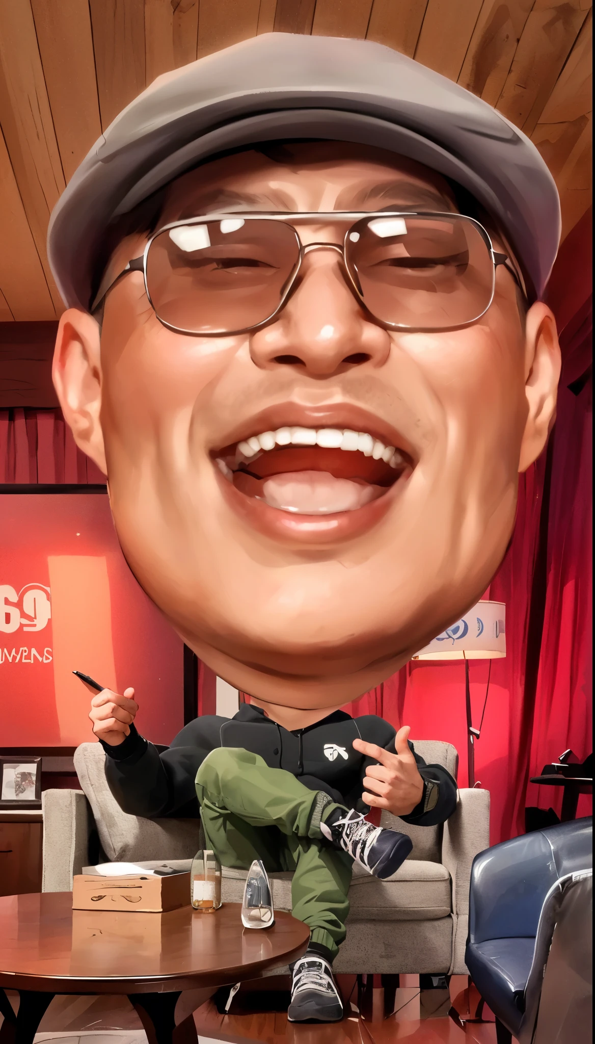 arafed image of a man sitting in a chair with a big head, Was doing a podcast and laughing,  rob rey and kentarõ miura style, rob rey and kentaro miura style, rob rey and kentarõ miura, jin shan and ross tran, & jeehyung lee & wlop, caricature style, wlop and greg rutkowski