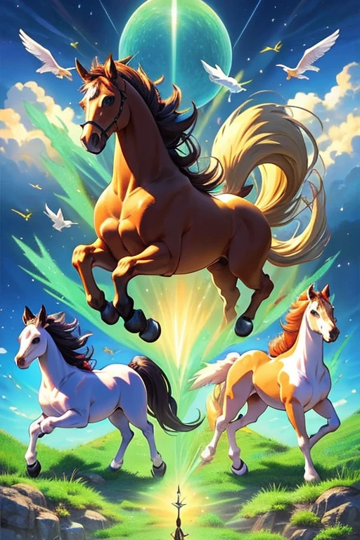 animal illustrations,mixed species,different kinds of animals,various species,diverse animals,digimon evolution，Ultimate Evolution，perfect body，ultimate body，horse，There is personification，digimon evolution，Ultimate Evolution，perfect body，ultimate body，UFO，有horse，There is personification