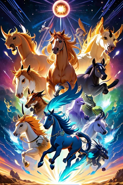 animal illustrations,mixed species,different kinds of animals,various species,diverse animals,digimon evolution，Ultimate Evolution，perfect body，ultimate body，horse，There is personification，digimon evolution，Ultimate Evolution，perfect body，ultimate body，UFO，有horse，There is personification