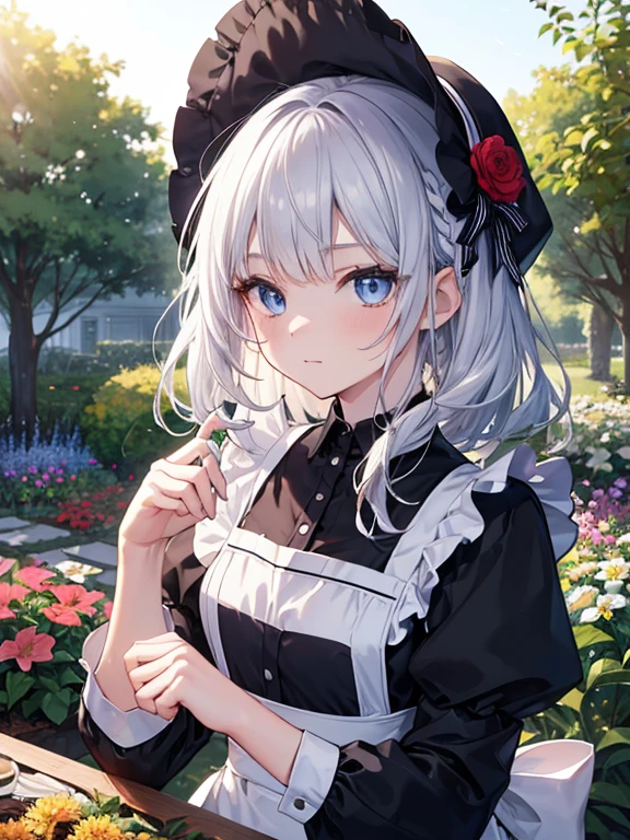 (8k, highest quality, Tabletop:1.2)、Ultra-high resolution, Detailed face, Perfect Fingers, 14-year-old girl, blue eyes, Silver Hair, Long Hair, Braid, Black maid outfit, Black bonnet, White apron, Dreamscape, garden, flower bed, Pruning in progress