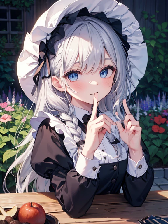 (8k, highest quality, Tabletop:1.2)、Ultra-high resolution, Detailed face, Perfect Fingers, 14-year-old girl, blue eyes, Silver Hair, Long Hair, Braid, Black maid outfit, Black bonnet, White apron, Dreamscape, garden, flower bed, Pruning in progress