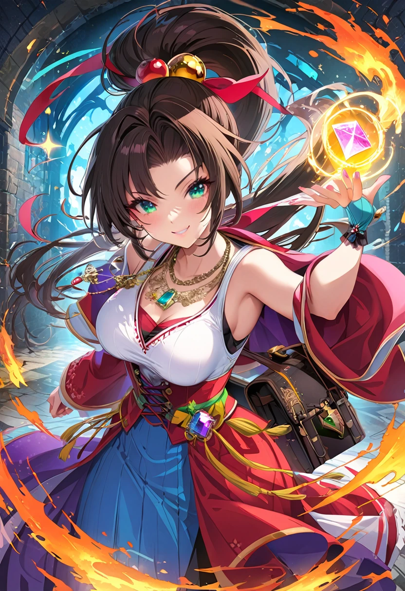 Colorful portrait illustration, (attractive female as a magician, ponytail, wear_length_Flowing_green_Complex_embroidery_magician_dress), (necklace, bag, internal, smile, Very detailed face, Tabletop, highest quality), Very detailed, (In the dungeons), magician_Grams, (big, Glowing Rune Circle), Fire and Ice, Casting a Spell, Ultra-high resolution, Alexandre Karame, Alyssa Monks and Shigeru Ban