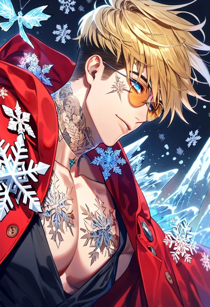 Ultra detailed, HDR, Highres, absurdres, master piece, Vash Stampede, blond hair, expressive blue eyes, amber round sunglasses, Trigun, ice butterflies, winter, ice, snowflakes, white flowers, sexy man, solo, extremely detailed face and eyes, handsome, glittering, toned chest, black shirt with patterns, red long coat with a hoddie, tattoo on his neck, silver,