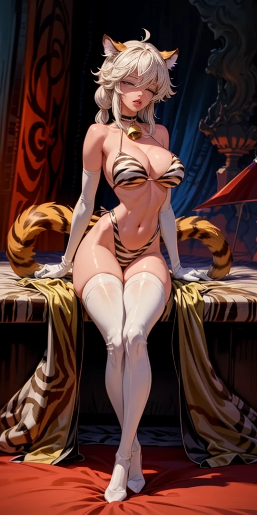1 solo female blindfolded, animal tiger ears, animal tiger hands, animal tiger print, bell, bikini, breasts, choker, claws, cleavage, collar, full body, gloves, large breasts, lips, long hair, looking at viewer, navel, neck bell, on bed, tiger paw gloves, tail, thigh highs, tiger ears, tiger print, tiger tail, white hair, sitting on bed bed, bedroom background