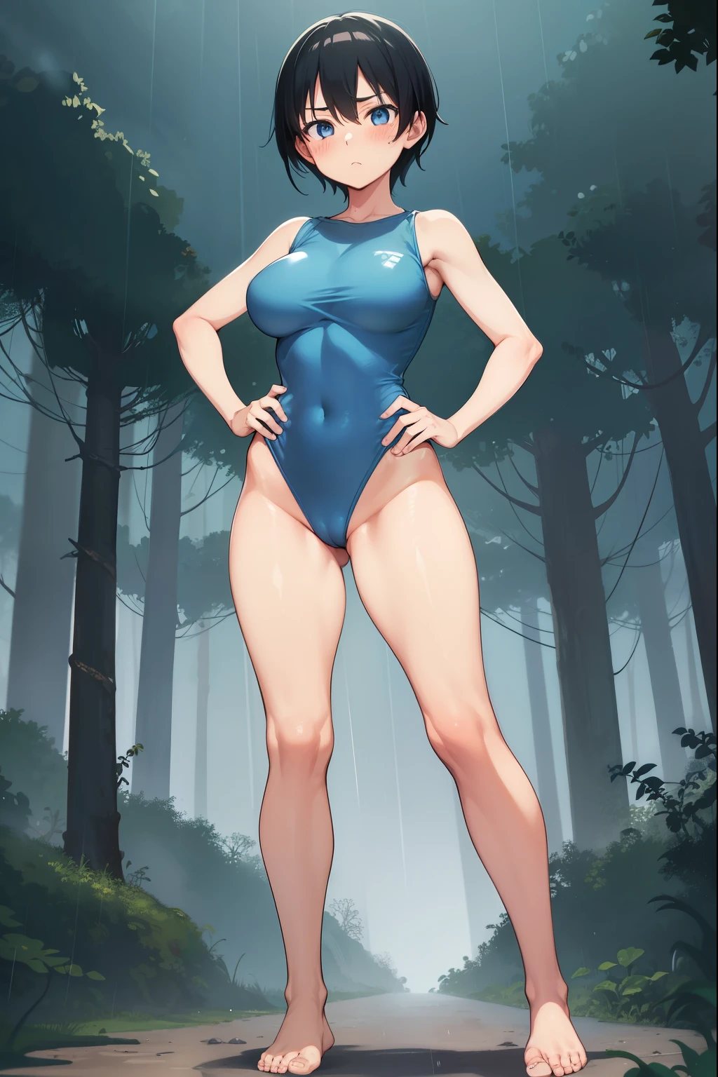 cloudy,rain,fog,forest,Place your hands on your hips,Standing,1 girl,Videl,Light blue leotard,Super High Leg Cut,Black Hair,short hair,Large Breasts,barefoot,blue eyes,boyish,blush,