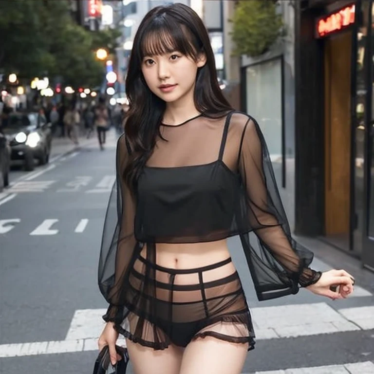 best quality, masterpiece, extremely detailed, CG, unity, Amazing, finely detail, masterpiece, best quality, beautiful detailed girl, extremely detailed eyes and face, beautiful detailed eyes, light on face, cinematic lighting, 1girl, full body, perfect hand, depth of field, blue layered hair, small breasts, earring, in a street, wearing crop top, wearing black pantyhose, (see through:1.3), sad