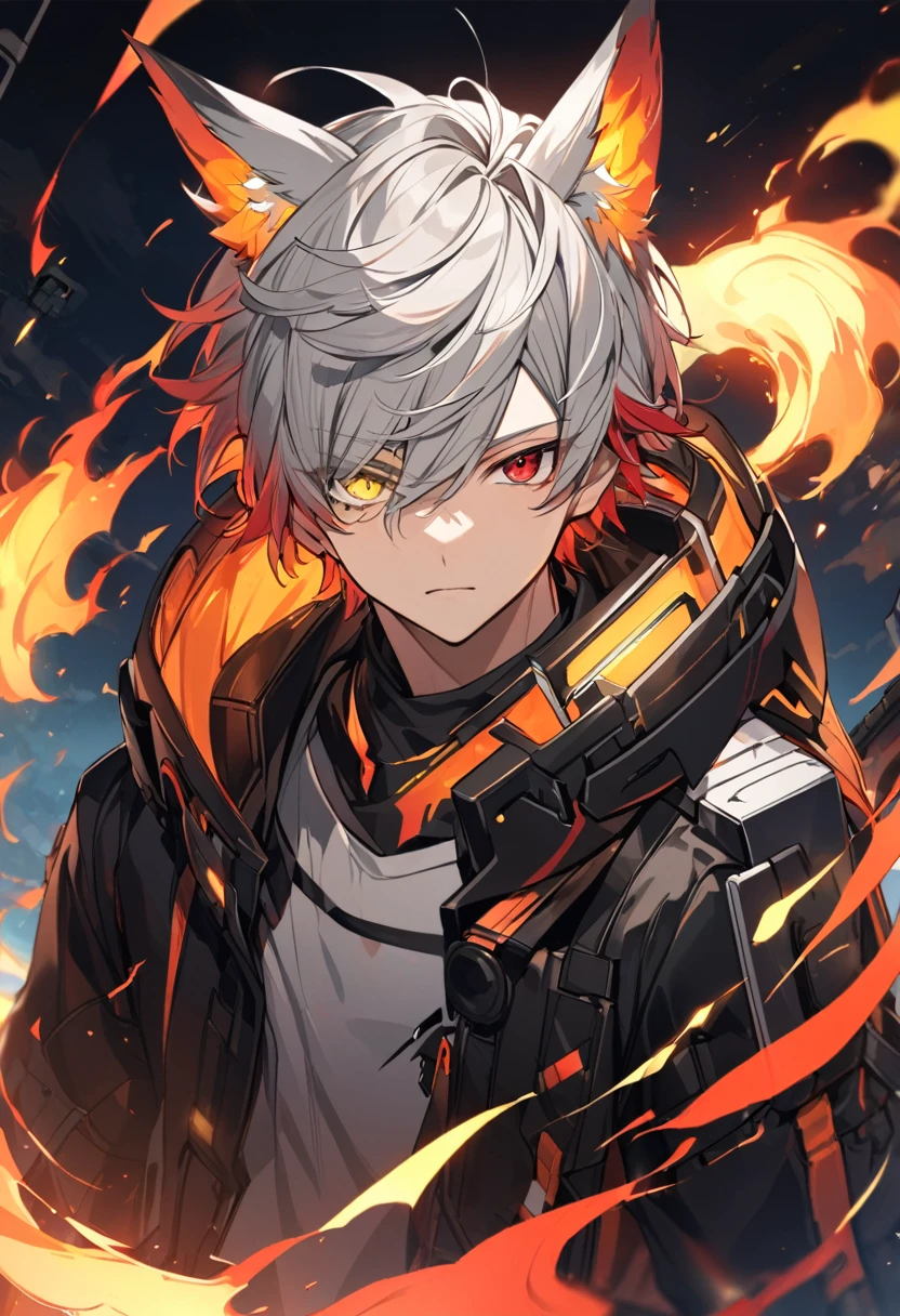 man, short white hair, black eyes, scar on face, black futuristic battle outfit, red details, evil expression, red effects