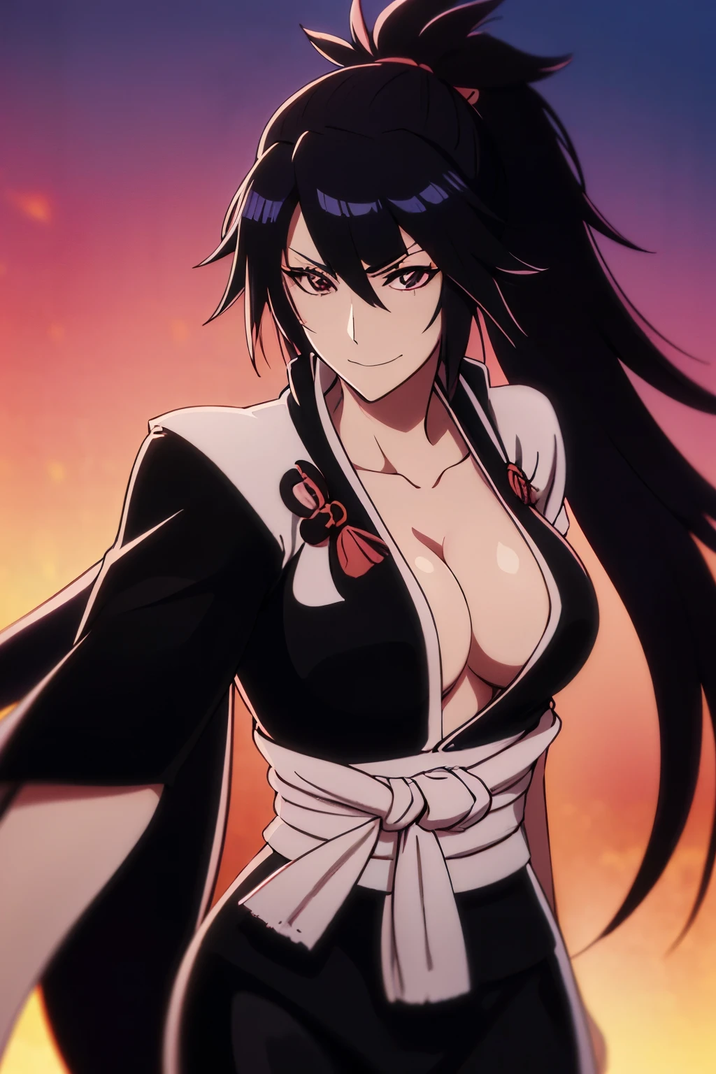 1girl, black hair, long hair, ponytail, messy hair, young woman, looking at viewer, portrait, dojo, (((black kimono))), sarashi, baiken, good mood, close smile, baiken, like baiken of guilty gear, ((((medium chest)))), ((no mark)), (no tattoo)