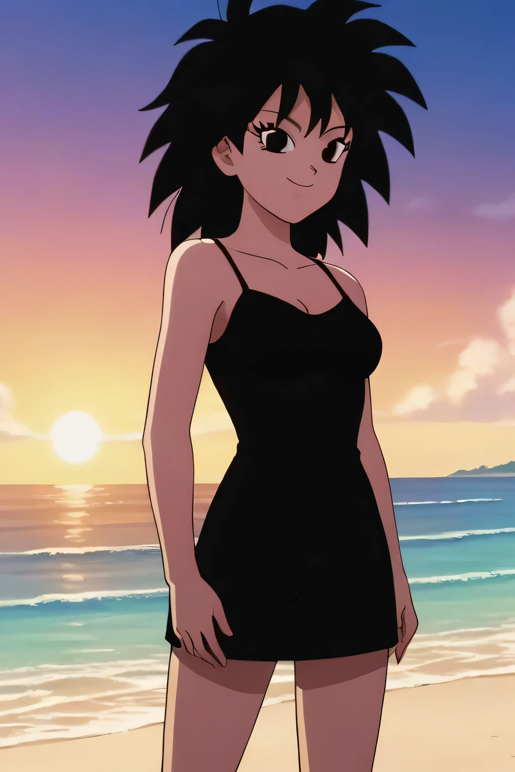 source_anime, score_9,score_8_up, score_7_up, ginedb, anime screencap, 1girl, solo, looking at viewer, smile, medium breasts, black hair, beach, ocean, bare shoulders, medium breasts, smile, standing, cowboy shot, medium hair, black eyes, spiked hair, eyelashes, masterpiece, best quality, very aesthetic, absurdres, taut dress, spaghetti strap, black dress, sleeveless, sunrise, street, standing, cowboy shot,
