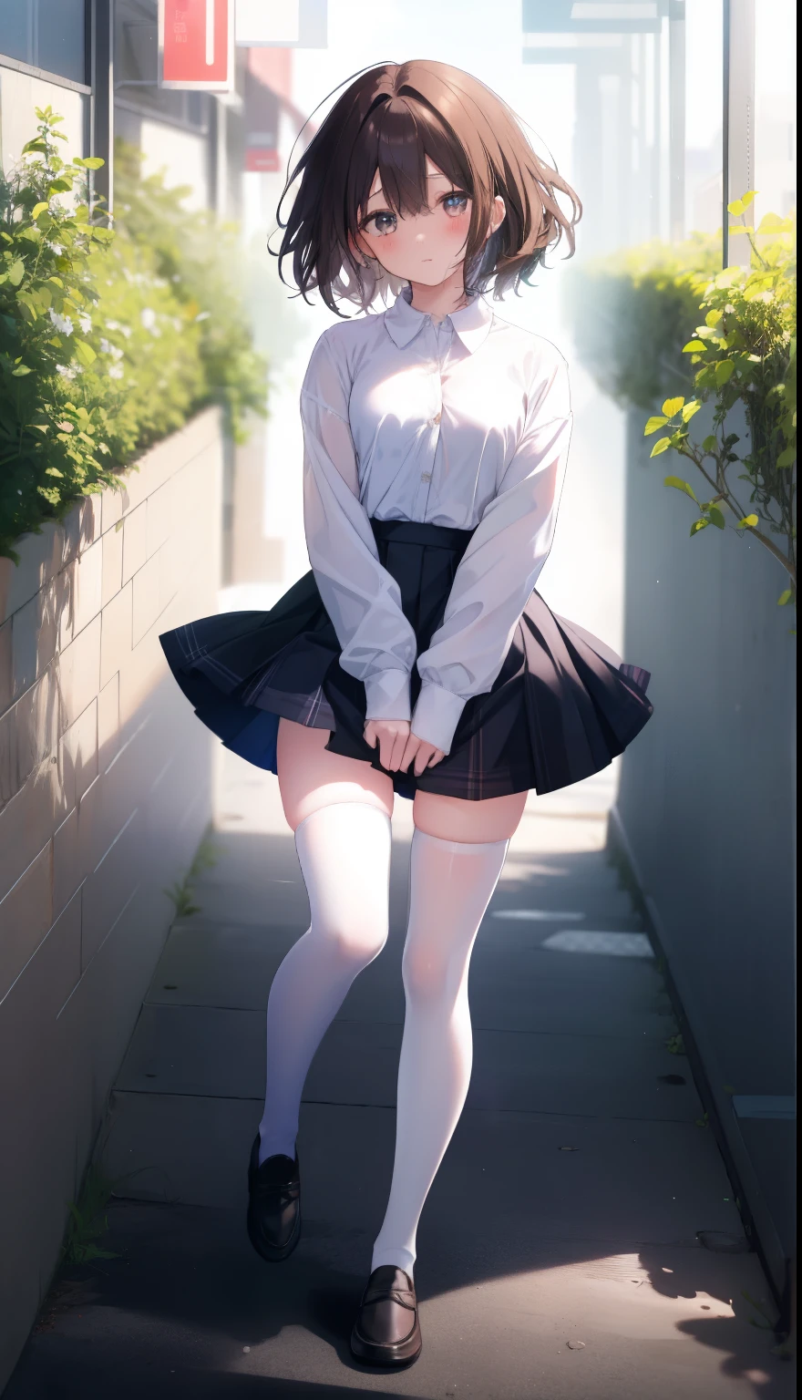 One Girl、Positive、From above、Full body portrait、Brown haired、Medium Haircut、blush、Absolute area、Knee socks、stockings、Black knee-high socks、White underwear、Cleavage、Light blue cut shirt、Unbutton your shirt、Shirt buttons fly off、Navy blue checkered pleated skirt、Very short skirt、garden、Daytime、(Very big boobs)、((Full Body Lesbian))、masterpiece、(highest quality)、Panties around the ankles、loafers、The wind blows up my skirt、vibrator in thighhighs