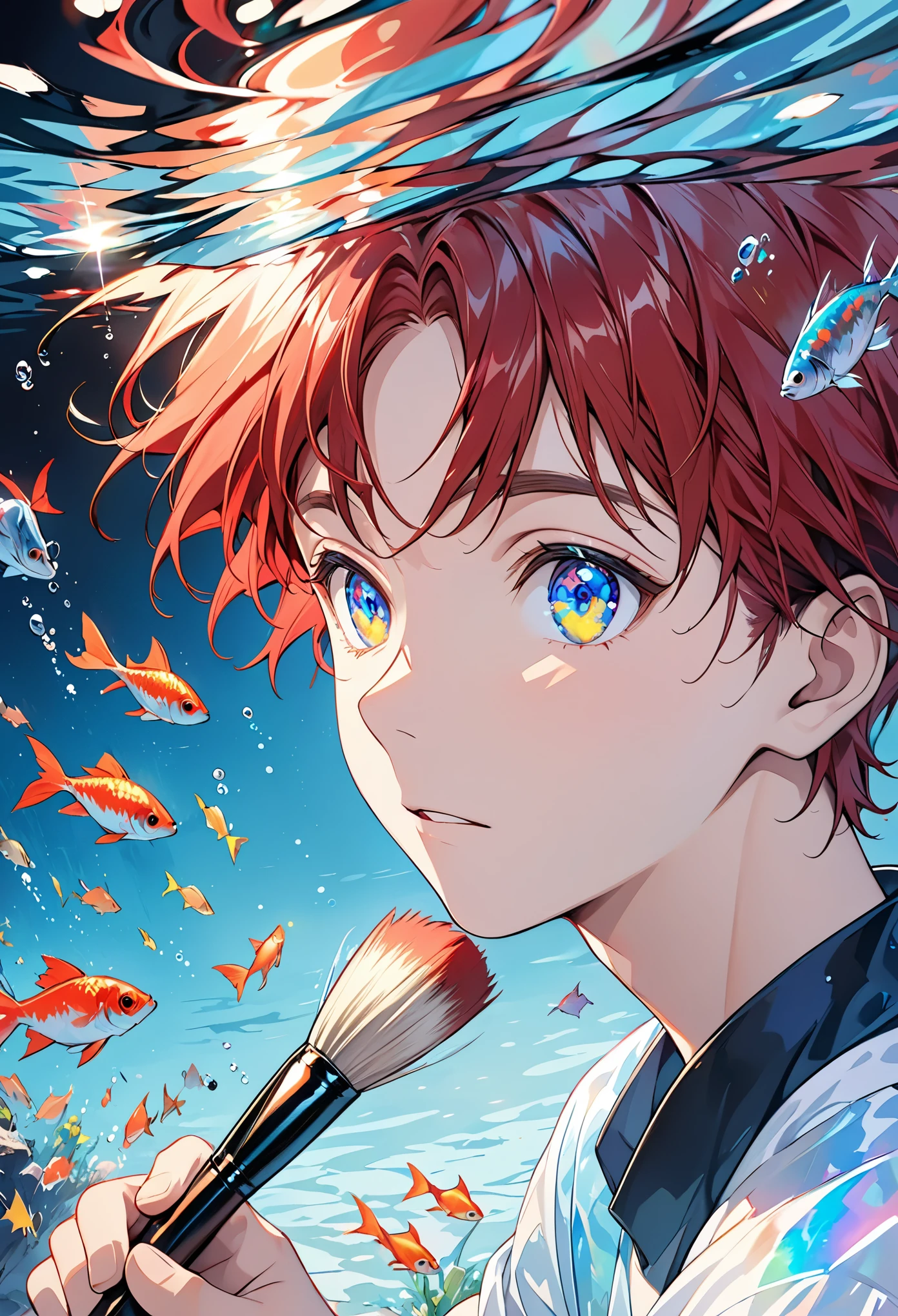 boy swims underwater,hyper detailed render style,glow,close-up,yellow,blue,brush,shiny eyes,Red hair,exaggerated perspective,tyndall of holographic,water iridescence,background black,fish,