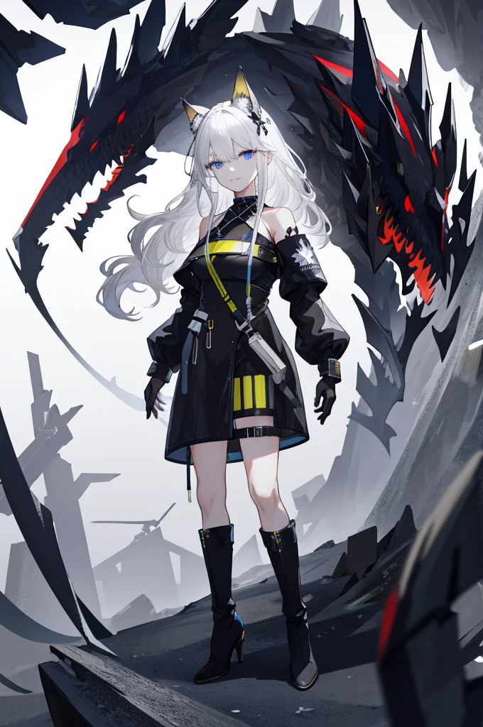 (absurdres, highres, ultra detailed), 1woman, mature female, aged up, wavy long hair, white hair, blue eyes, bangs, bare shoulders, long sleeves, detailed eyes, detailed hands, extremely detailed, detailed, black gloves, high heel boots, looking at viewer, solo, full body shot, detailed background, detailed face, matrix theme, techwear, wearable device, head-up display, dark sinister atmosphere, wind swirling, city background, sexy facial expression (Smile with eyes),