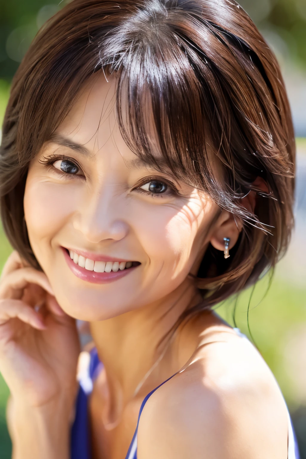 57 years old、smile、beautiful、Elegant adult attire、Shining eyes、stare、