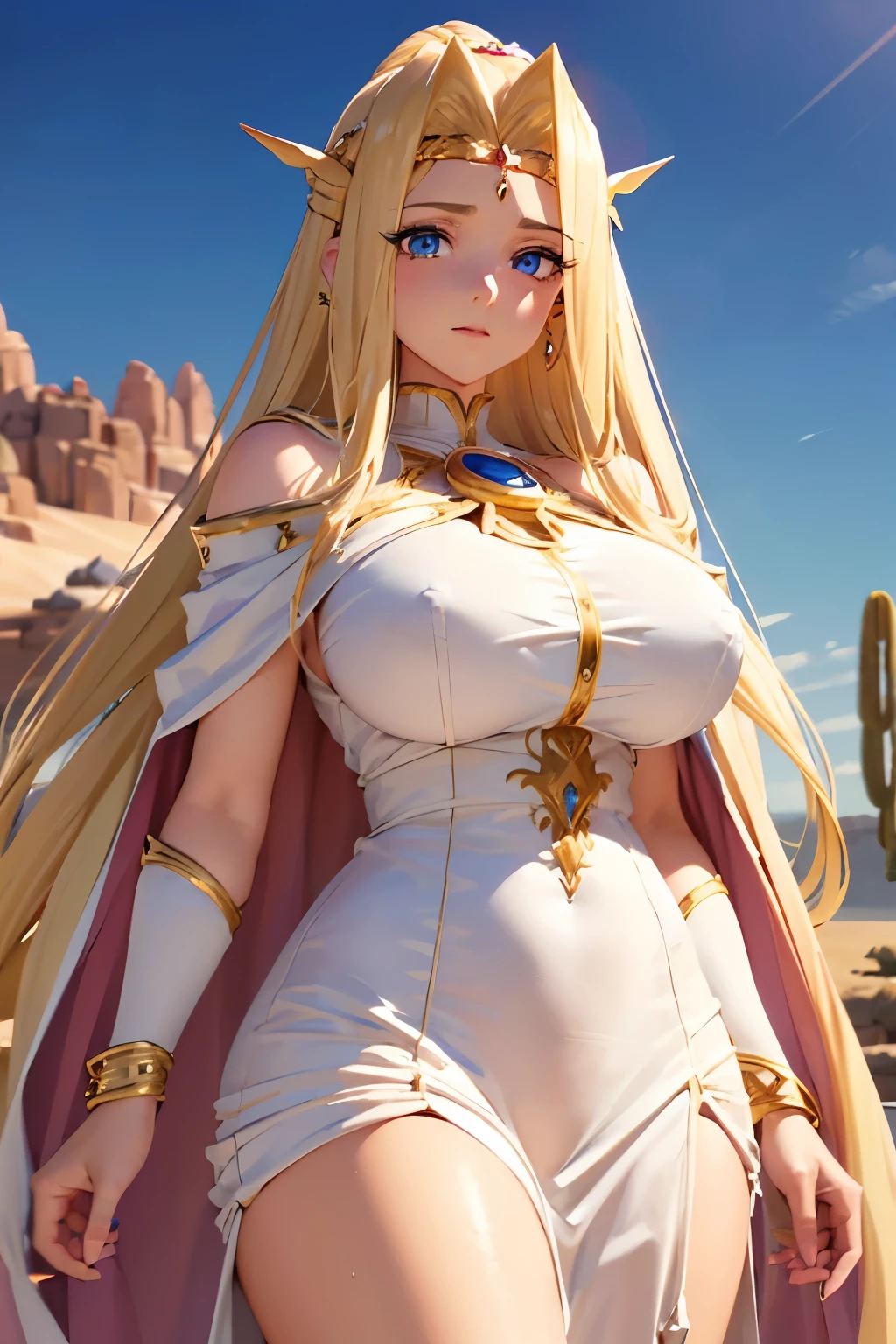 (desert mountain), (finely detailed eyes and detailed face:1.3), (extremely fine and beautiful:1.1), (Perfect details:1.1), ((gros seins)), ((buste du personnage)), Filia, Slayers, long hair, blonde hair, pink dress, jewelry, white cape, blue eyes, brooch, gold circlet