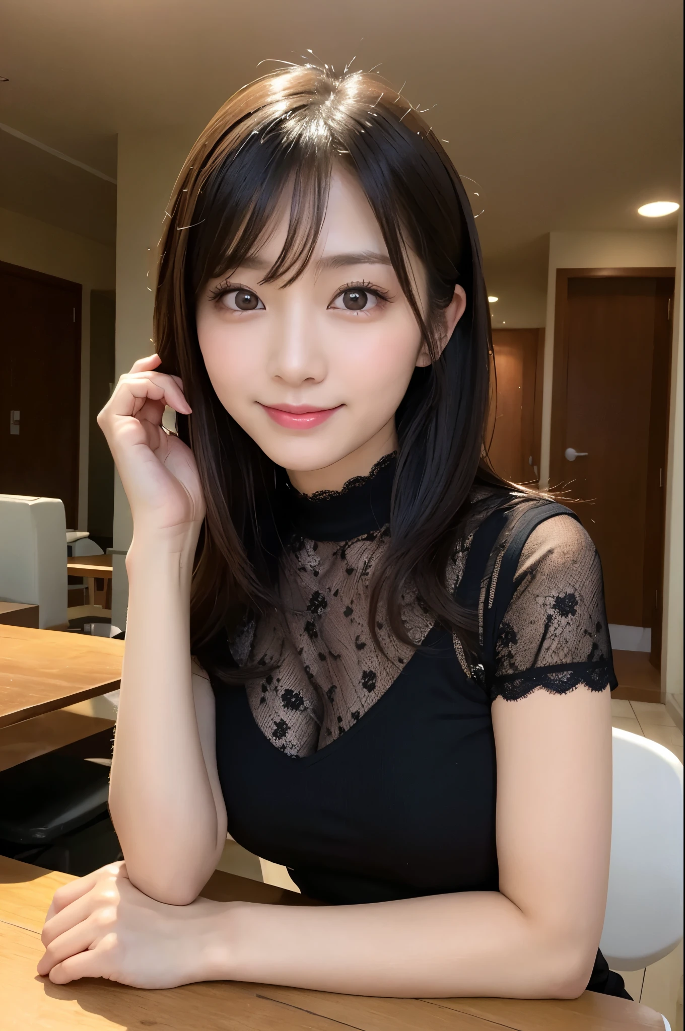 On the table、best quality、Photorealism、Finely、high resolution、8wallpaper、Perfect dynamic posture、Beautiful slender eyes and long hair、(Big breasts 1.3)、casual sexy pose、Random situations、Selfie Angle,Looking at the camera,(Tight round neck black mesh lace shirt)、、Gentle smile、50 years old、(Perfect Eyes 1.3)、Mature adult beauties、Japanese、