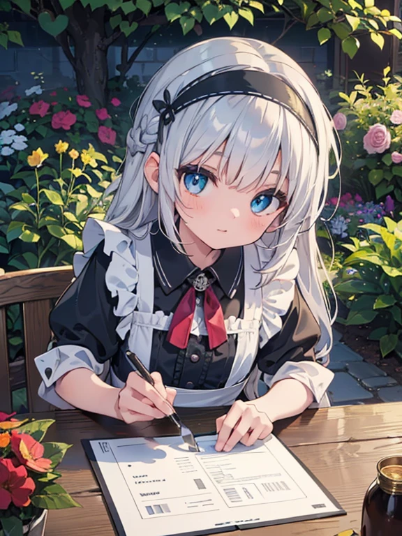 (8k, highest quality, Tabletop:1.2)、Ultra-high resolution, Detailed face, Perfect Fingers, , blue eyes, Silver Hair, Long Hair, Braid, Black maid outfit, Black headband, White apron, garden, flower bed, Pruning in progress