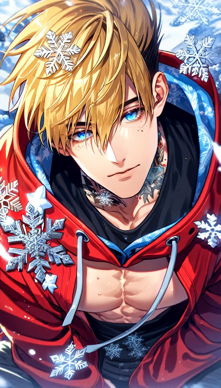 Ultra detailed, HDR, Highres, absurdres, master piece, Vash Stampede, blond hair, expressive blue eyes, amber round sunglasses, Trigun, ice butterflies, winter, ice, snowflakes, white flowers, sexy man, solo, extremely detailed face and eyes, handsome, glittering, toned chest, black shirt with patterns, red long coat with a hoddie, tattoo on his neck, silver, sitting, mole under his eye,