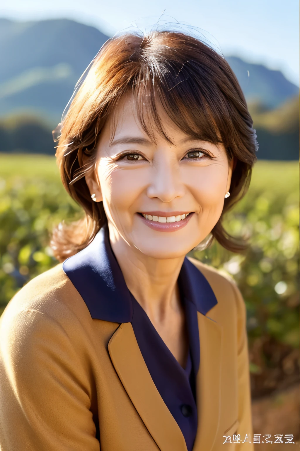 57 years old、smile、beautiful、Elegant adult attire、Shining eyes、stare、