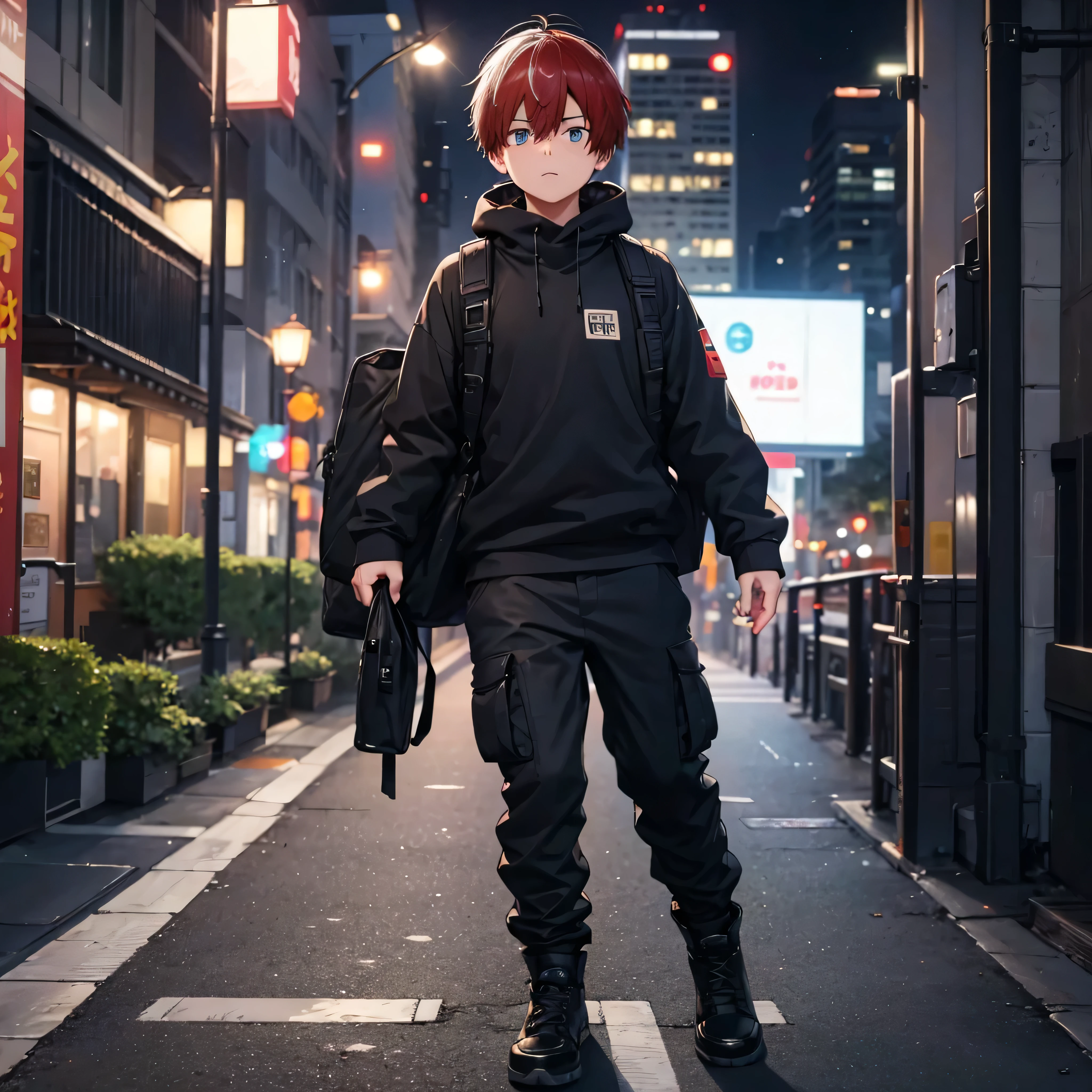 A young boy, wearing a black sweatshirt, black cargo pants, black boots, walking on a sidewalk in a city at night, (hair half white and half red), blue eyes, serious face,shadow, flower, UHD, masterpiece, accurate, anatomically correct, textured skin, super detail, high quality, best quality, 8k, high resolution, bokeh effect. (solo boy)
