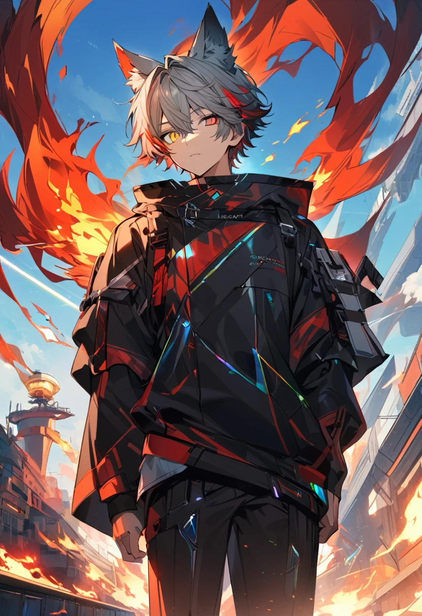 good looking, alone, 1 male, short hair, Gray Hair, Red highlights on hair tips, (Heterochromia,right eye:Glowing yellow eyes,left eye:Fiery, glowing red eyes,Iridescent glow around the eyes), Black clothes, Futuristic, You say,Wolf Ears,blue sky,port